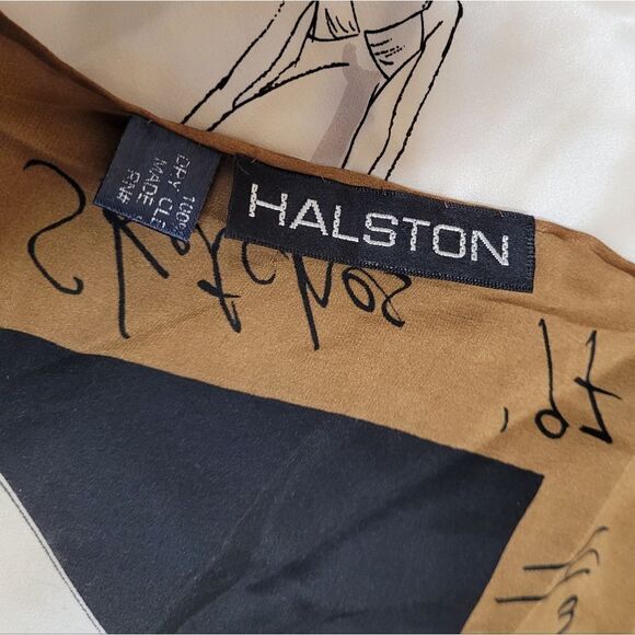 VINTAGE 90s Halston sketches 1997 silk hand rolled edges brown large scarf 32x32 - Picture 5 of 10